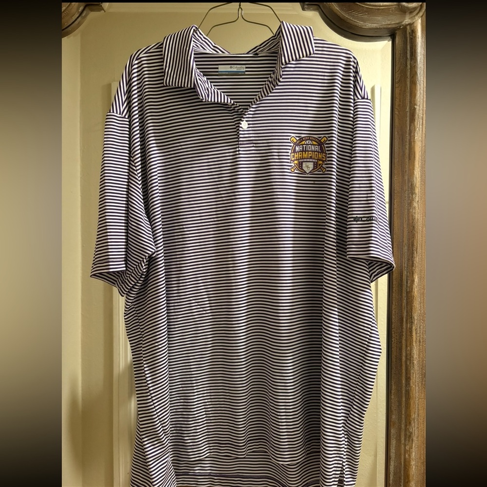 LSU National Championship Baseball Columbia Purple and White Striped Polo Shirt